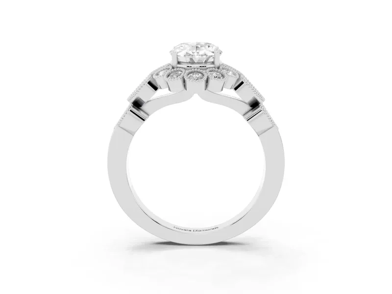 Oval Vintage Scalloped Milgrain Halo Engagement Ring Setting | Heart Pavé Band | White Gold