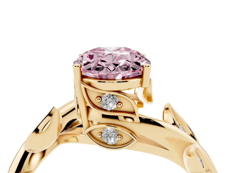 Fancy Pink Oval Cut Diamond Solitaire Twist Engagement Ring Set in Yellow gold with Pavé Leaf Accents