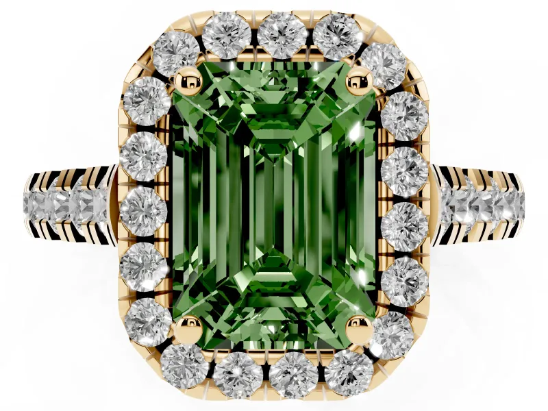 Emerald Cut Accented Halo Engagement Ring Setting for a Fancy Green Lab-Grown Diamond | Yellow Gold