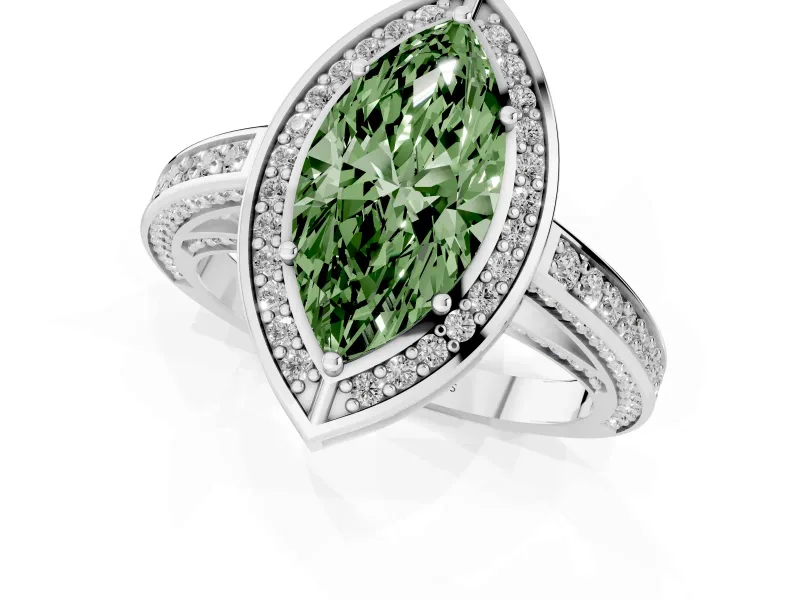 Fancy Green Marquise Cut Diamond Halo Pavé Split Shank Ring Set in White gold with Prong Setting