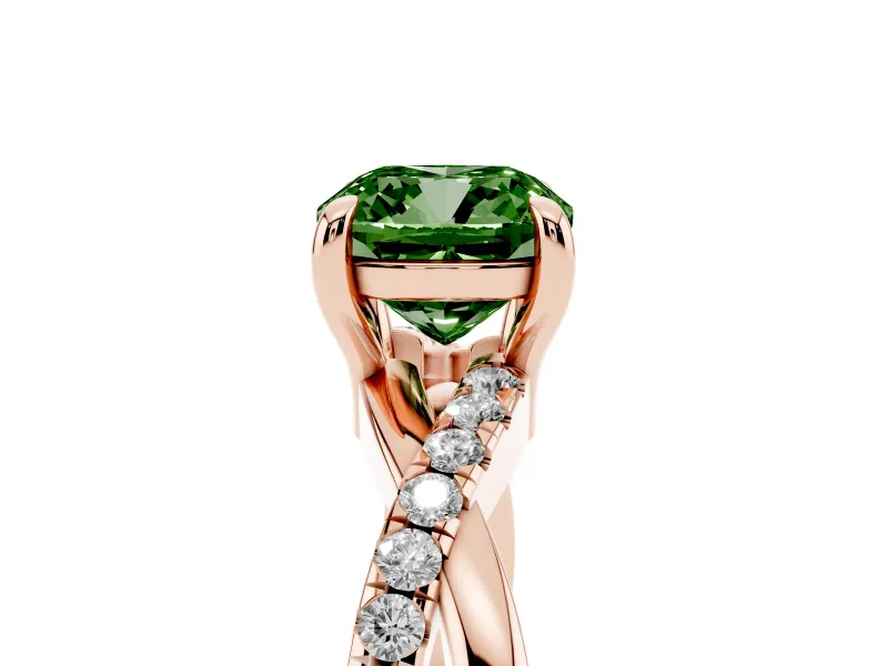 Fancy Green Cushion Cut Diamond Twist Band Solitaire Set in Rose gold with Pavé Accents and Prong Setting