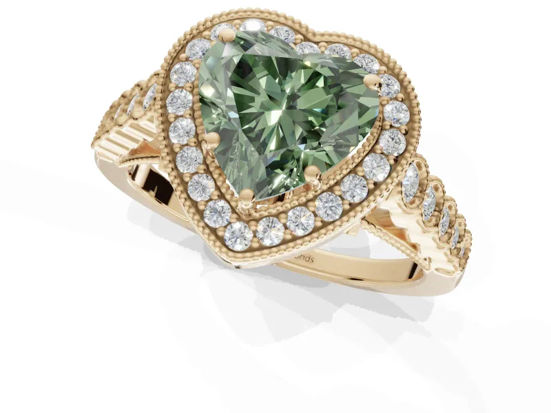 Fancy Green Heart-Shaped Lab-Grown Diamond Milgrain Halo Solitaire Ring Set in Yellow Gold with Bezel Set Side Stones and Pavé Band