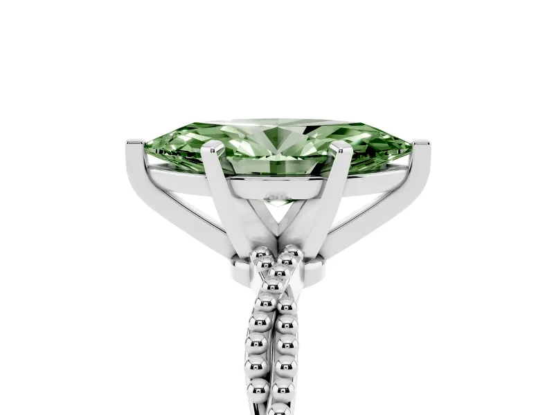 Fancy Green Marquise Cut Diamond Solitaire Ring Set in White gold with Twisted Band and Bead Prong Setting