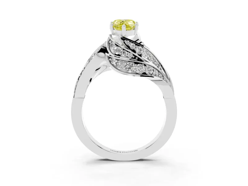 Fancy Yellow Pear Cut Diamond Solitaire Ring Set in White gold with Layered Twist Pavé Band