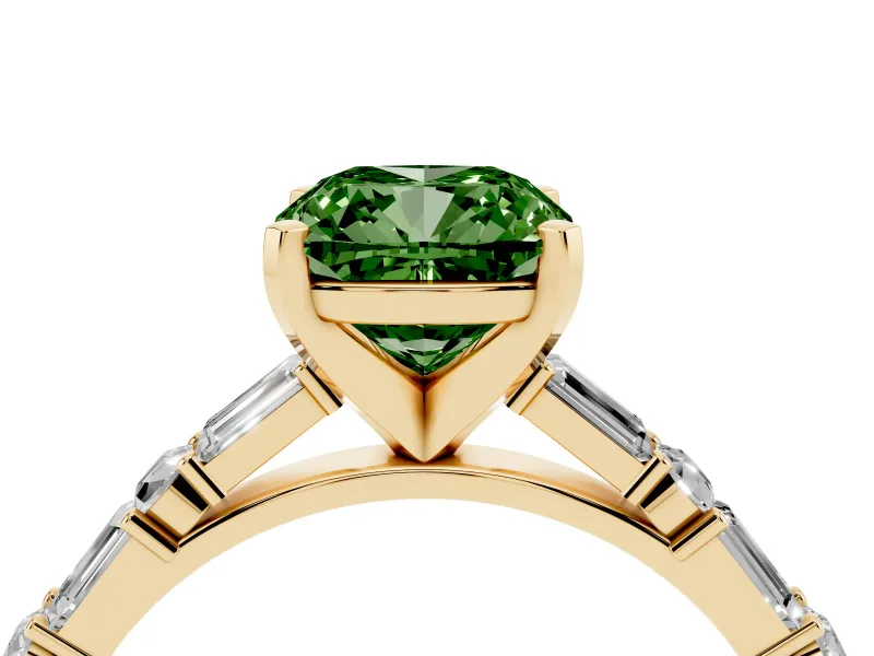 Fancy Green Cushion Cut Diamond Solitaire Set in Yellow gold with Side Baguettes and Channel Set Band