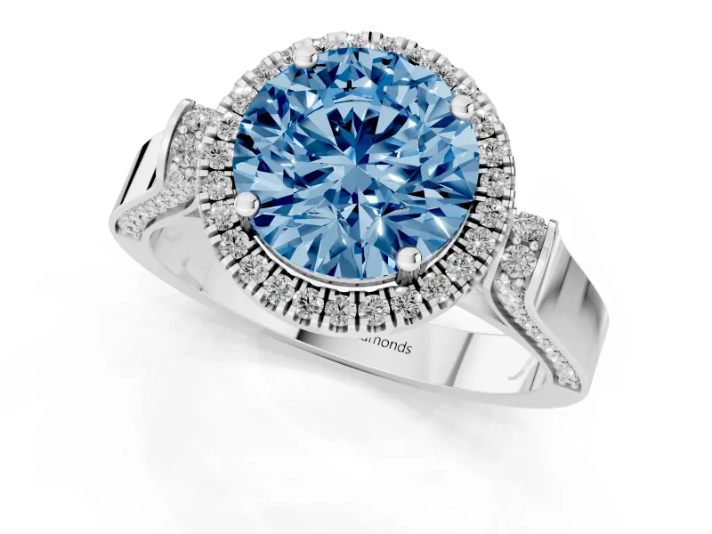 Round Pavé Halo Engagement Ring Setting for a Fancy Blue Lab-Grown Diamond | Platinum