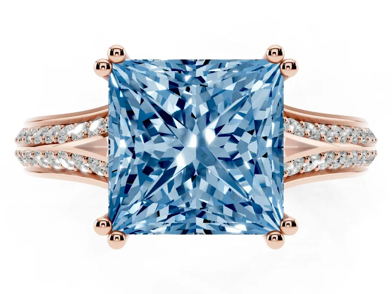 Princess Cut Split Shank Engagement Ring Setting for a Fancy Blue Lab-Grown Diamond | Pave Band | Rose Gold