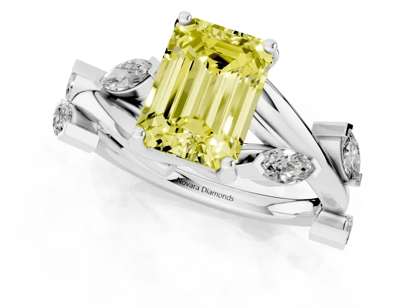 Fancy Yellow Emerald Cut Diamond Solitaire Ring Set in Silver with Twisted Marquise Accent Band