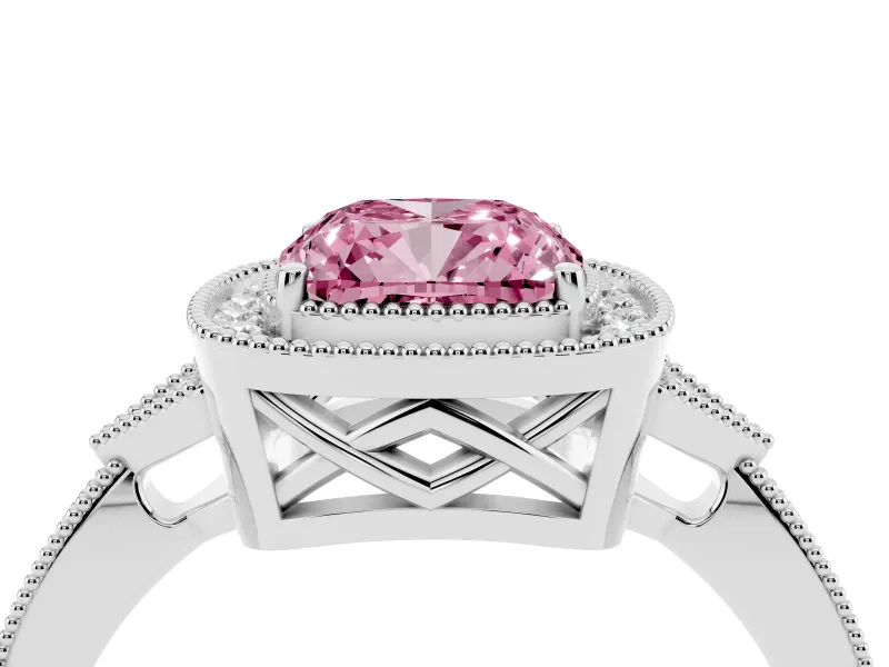 Fancy Pink Cushion Cut Diamond Halo Engagement Ring Set in White gold with Milgrain Pavé Band