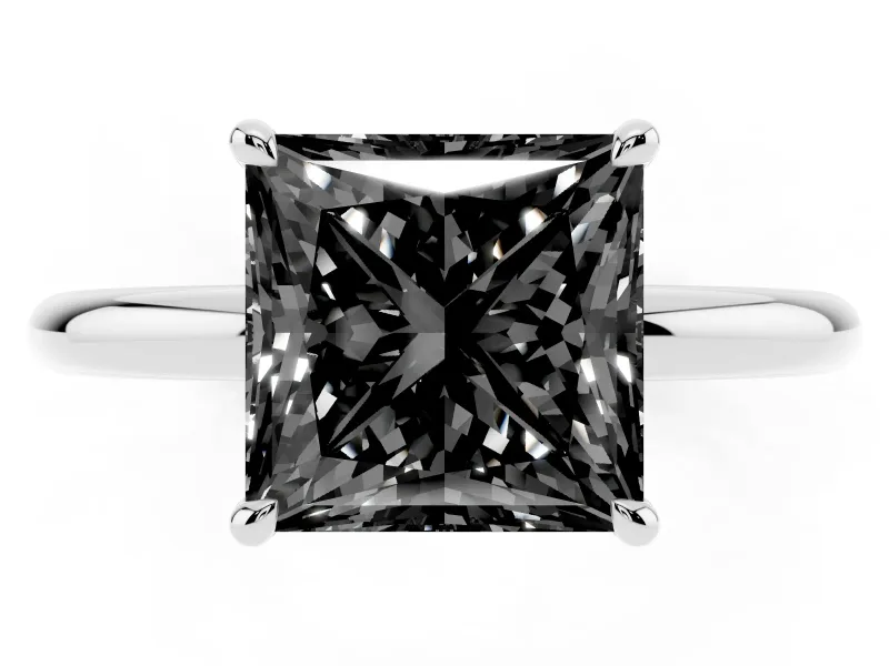 Fancy Black Princess Cut Diamond Solitaire Ring Set in Platinum with Thin Band and Prong Setting