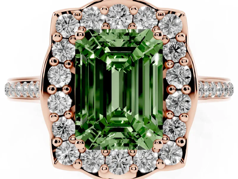 Emerald Cut Petal Tip Halo Engagement Ring Setting for a Fancy Green Lab-Grown Diamond | Pavé Band | Rose Gold