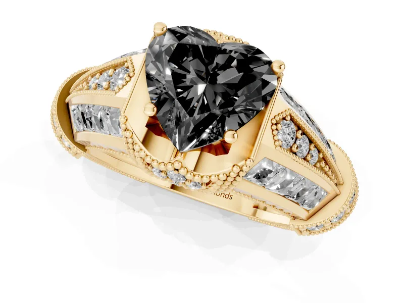 Fancy Black Heart Cut Diamond Vintage-Inspired Milgrain Ring Set in Yellow gold with Accent Split Shank