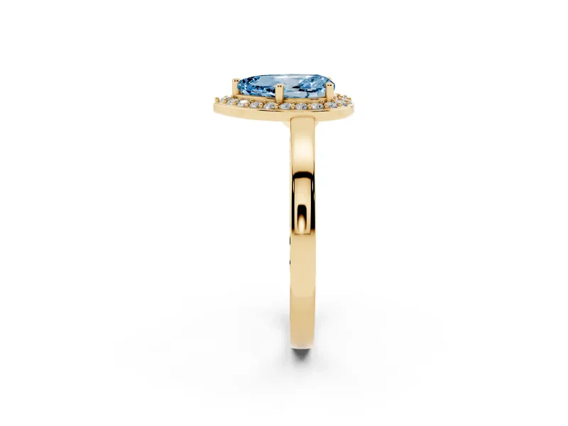 Fancy Blue Pear Cut Diamond Halo Ring Set in Yellow gold with Solitaire Band and Prong Setting