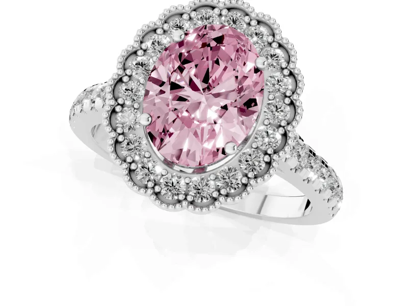 Fancy Pink Oval Cut Diamond Milgrain Floral Halo Engagement Ring Set in Silver with Pavé Band