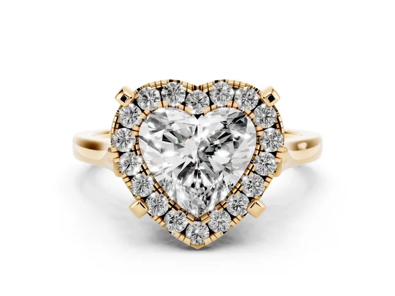 Heart Cut Diamond Cluster Halo Solitaire Ring Set in Yellow gold with Prong Setting
