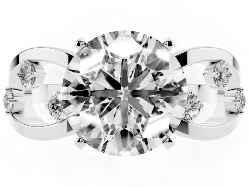 Round Cut Diamond Solitaire Ring Set in White gold with Side Stones on Criss-Cross Band and Prong Setting