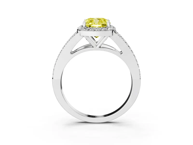 Cushion Cut Halo Engagement Ring Setting for a Fancy Yellow Lab-Grown Diamond | V-Split Pavé Band | Sterling Silver
