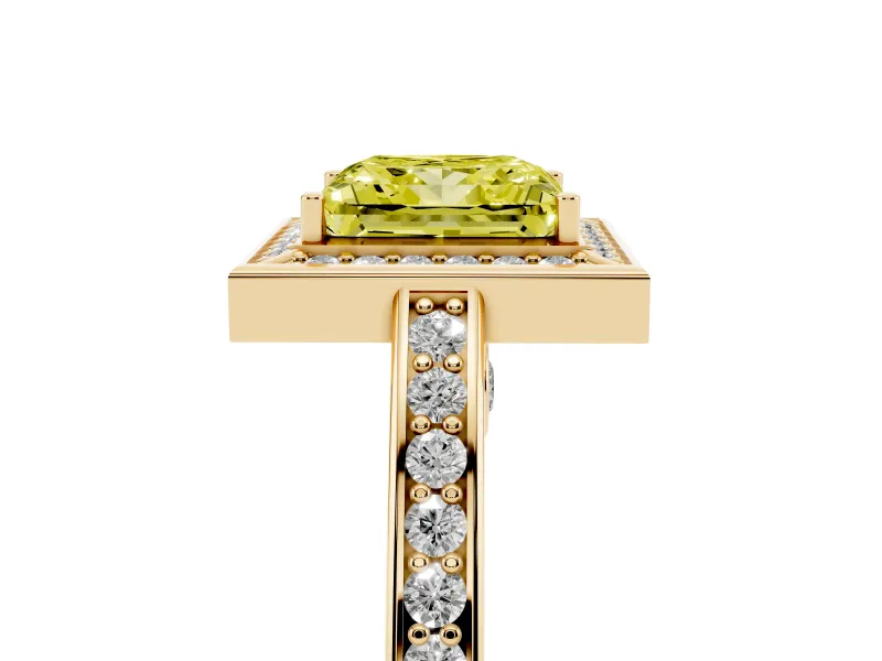 Fancy Yellow Princess Cut Diamond Halo Pavé Split Shank Ring Set in Yellow gold with Prong Setting