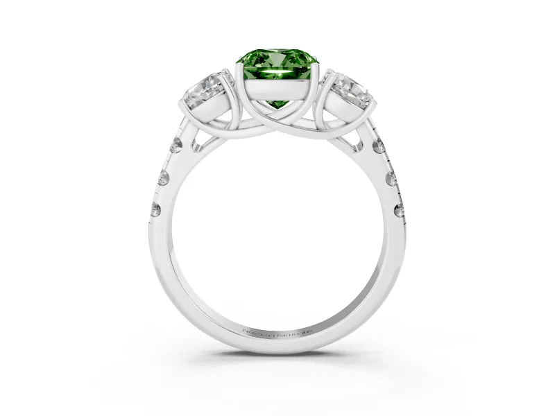Fancy Green Cushion Cut Diamond Three-Stone Ring Set in White gold with Pavé Band