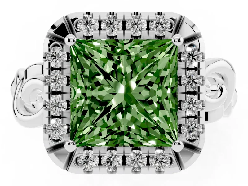 Fancy Green Princess Cut Diamond Halo Ring Set in Silver with Scrollwork Band and Prong Setting