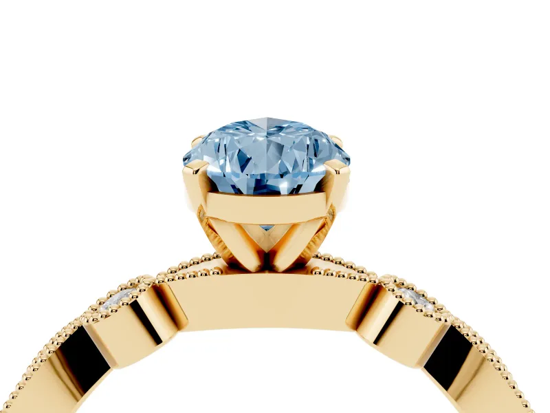 Fancy Blue Pear Cut Diamond Solitaire Engagement Ring Set in Yellow gold with Milgrain Bezel Accent Band