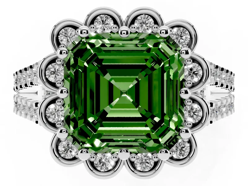 Asscher Cut Floral Halo Engagement Ring Setting for a Fancy Green Lab-Grown Diamond | Pavé Split Shank | Sterling Silver
