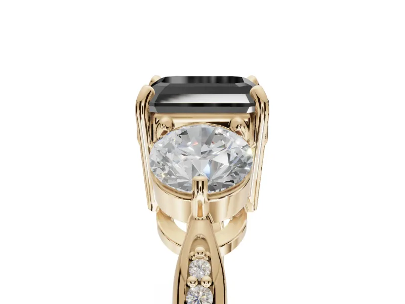 Asscher Cut Three Stone Engagement Ring Setting for a Black Center | Tapered Pavé Band | Yellow Gold