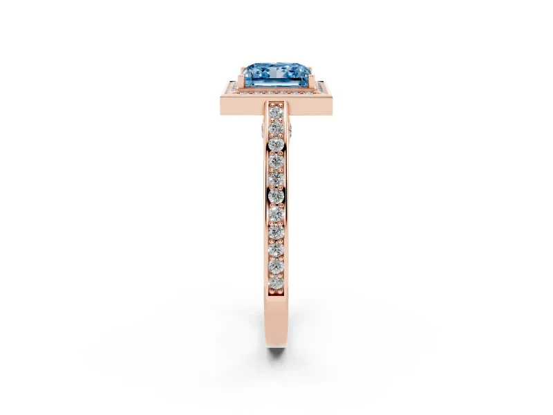Fancy Blue Princess Cut Diamond Halo Pavé Split Shank Ring Set in Rose gold with Prong Setting