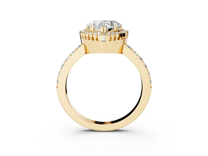Heart Cut Diamond Halo Engagement Ring Set in Yellow gold with Milgrain Detail and Pavé Band