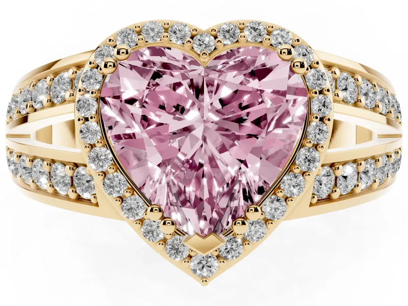 Fancy Pink Heart Cut Diamond Halo Ring Set in Yellow gold with Double Pavé Split Shank