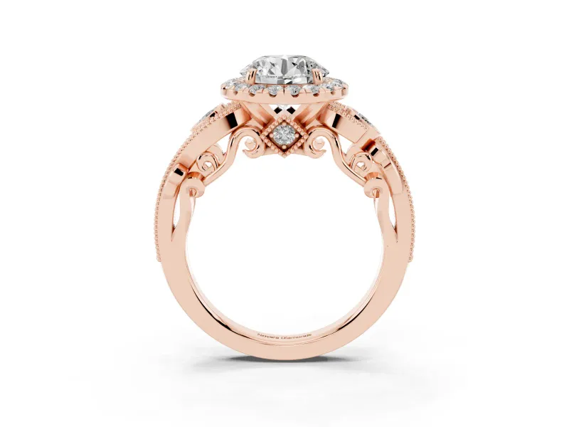 Round Cut Diamond Halo Ring Set in Rose gold with Milgrain Pavé Band and Prong Setting