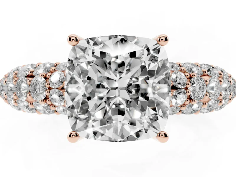 Cushion Cut Multi Row Pave Solitaire Engagement Ring Setting | Domed Shoulders | Rose Gold
