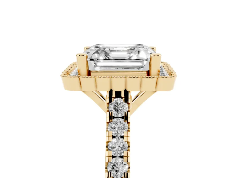 Asscher Cut Diamond Milgrain Floral Halo Engagement Ring Set in Yellow gold with Pavé Band