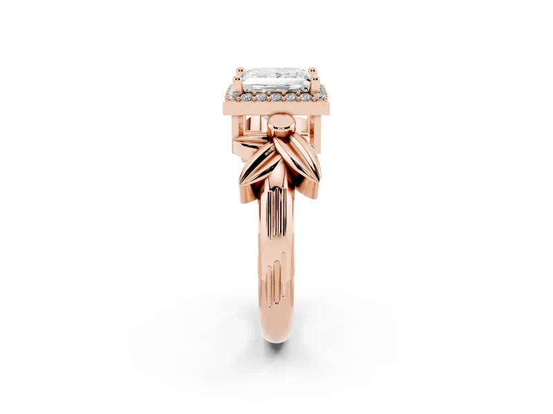 Princess Cut Floral Halo Engagement Ring Setting | Leaf Shoulders | Rose Gold