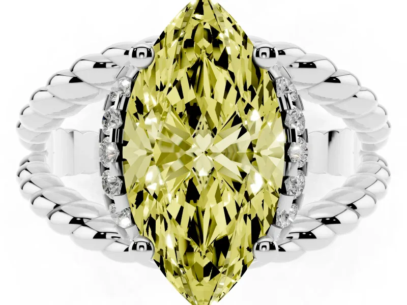 Fancy Yellow Marquise Cut Diamond Halo Ring Set in Silver with Twisted Band and Prong Setting