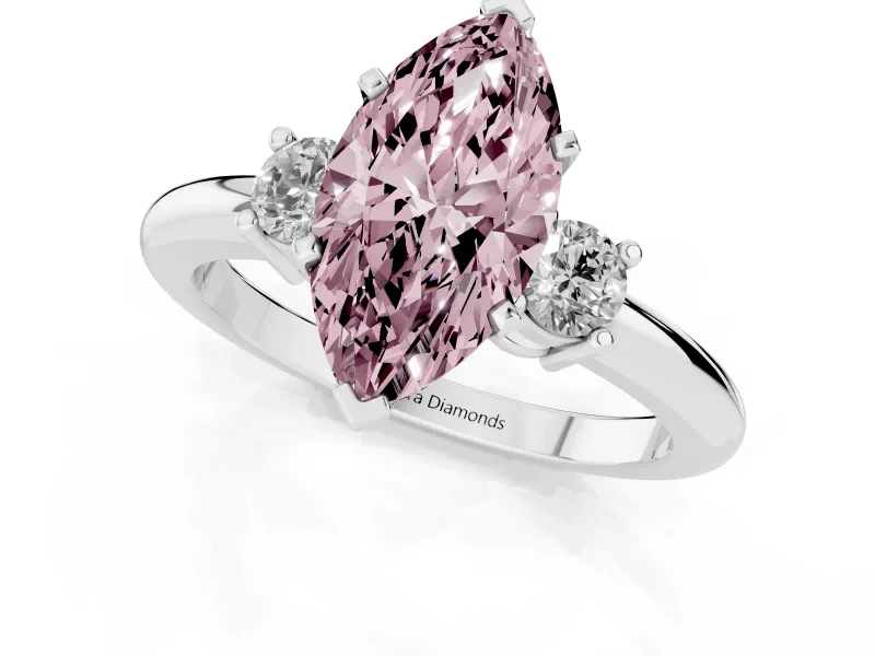 Fancy Pink Three-Stone Marquise Cut Diamond Ring Set in White gold with Prong Setting and Plain Band