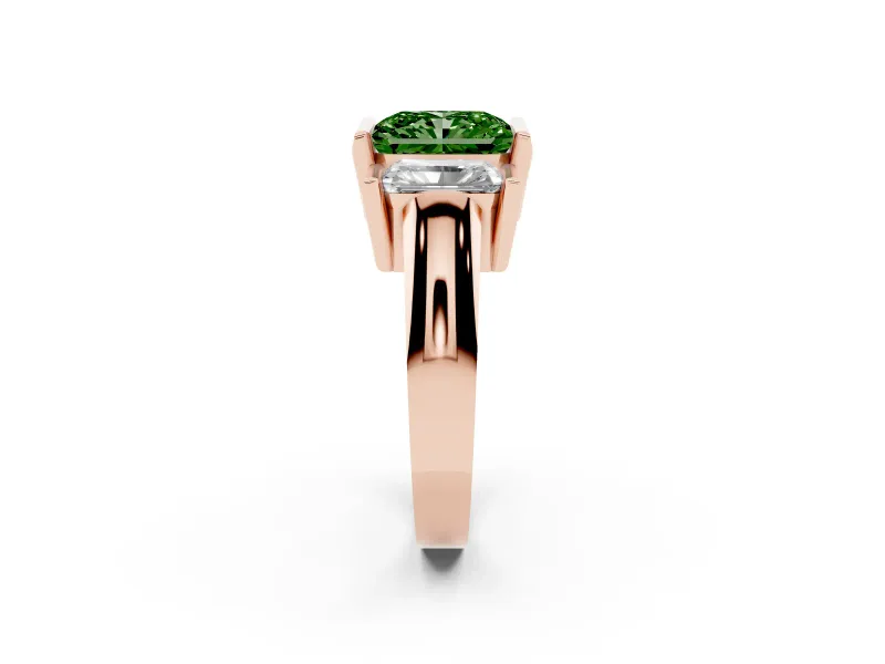 Radiant Cut Channel-Set Three Stone Engagement Ring Setting for a Fancy Green Lab-Grown Diamond | Rose Gold