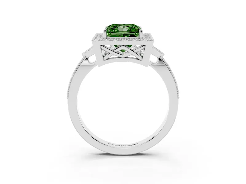Fancy Green Princess Cut Diamond Halo Engagement Ring Set in White gold with Milgrain Pavé Band