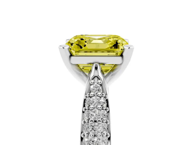 Fancy Yellow Asscher Cut Diamond Solitaire Engagement Ring Set in Silver with Multi-Row Round Pavé Band and Prong Setting