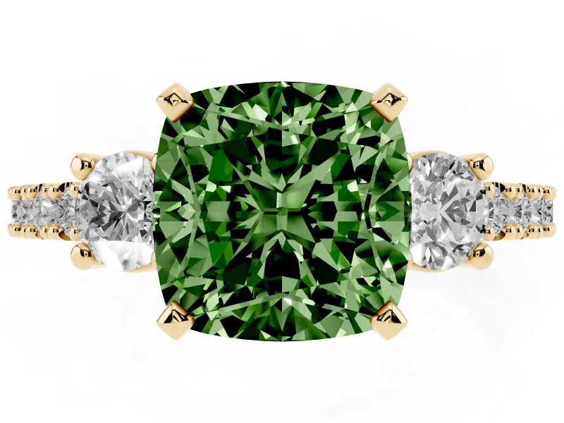 Fancy Green Three-Stone Cushion Cut Diamond Pavé Band Ring Set in Yellow gold with Prong Setting