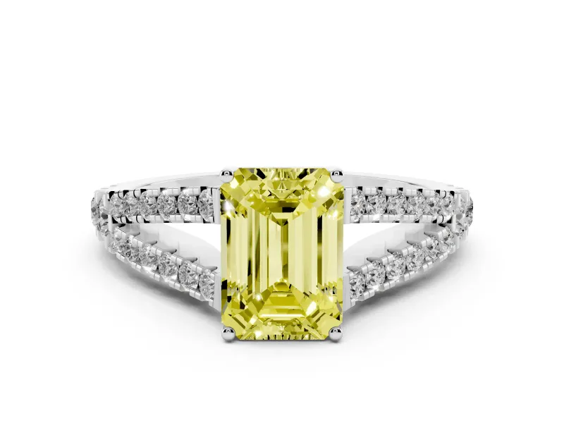 Fancy Yellow Emerald Cut Diamond Split Shank Pavé Engagement Ring Set in White gold with Prong-Held Center Stone