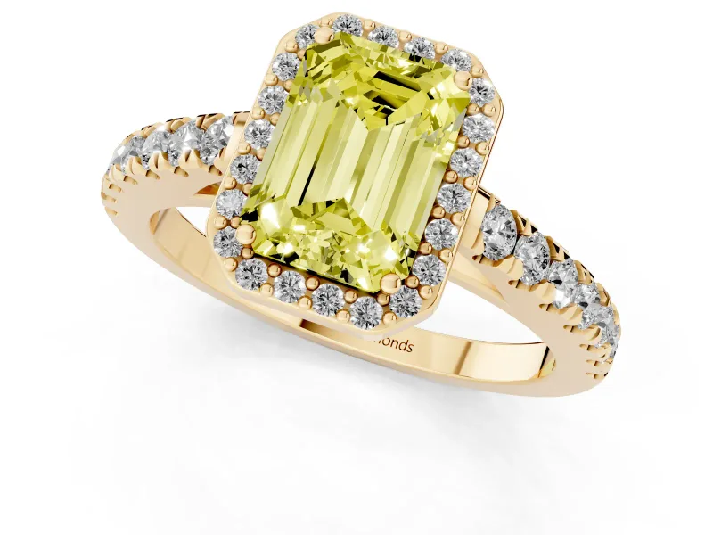 Emerald Cut Halo Pavé Engagement Ring Setting for a Fancy Yellow Lab-Grown Diamond | Yellow Gold