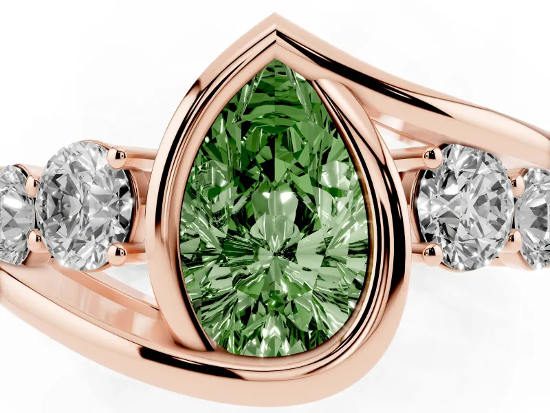Fancy Green Pear Cut Diamond Bezel Bypass Ring Set in Rose gold with Round Accents