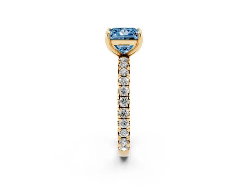 Fancy Blue Princess Cut Diamond Pavé Solitaire Ring Set in Yellow gold with Round Band and Prong Setting