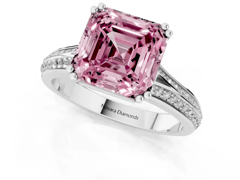 Fancy Pink Asscher Cut Diamond Split Shank Pavé Engagement Ring Set in Platinum with Prong-Set Center Stone