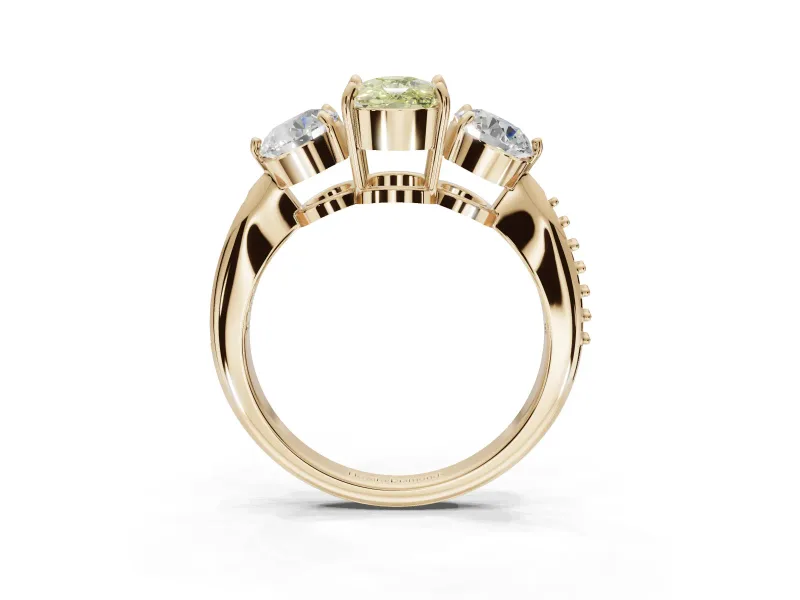 Cushion Cut Three Stone Engagement Ring Setting for a Fancy Yellow Lab-Grown Diamond | Tapered Pave Band | Yellow Gold