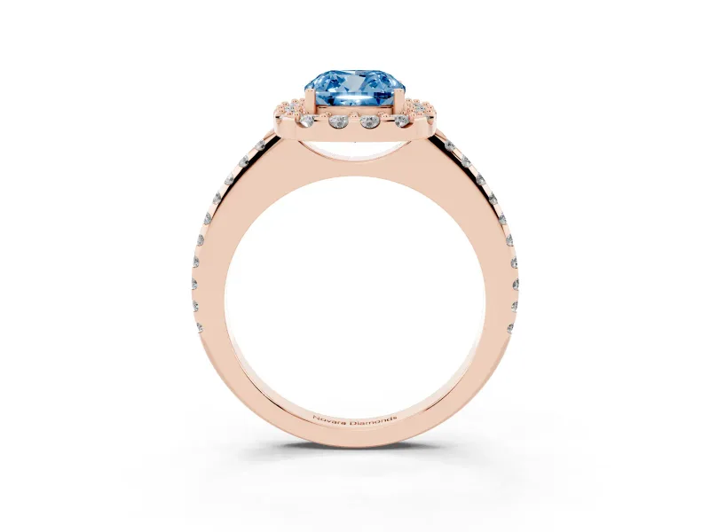 Cushion Cut Pave Halo Engagement Ring Setting for a Fancy Blue Lab-Grown Diamond | Pave Band | Rose Gold