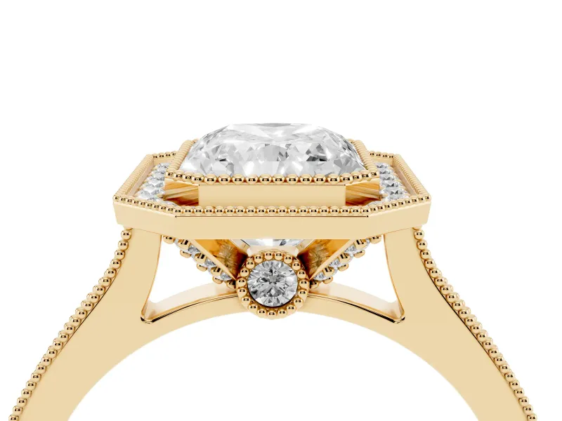 Radiant Cut Vintage Milgrain Halo Engagement Ring Setting | Bezel Head | Yellow Gold