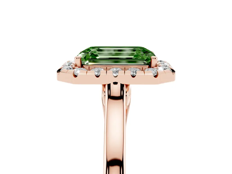 Fancy Green Emerald Cut Halo Round Diamond Solitaire Ring Set in Rose gold with Pavé Band and Prong Setting