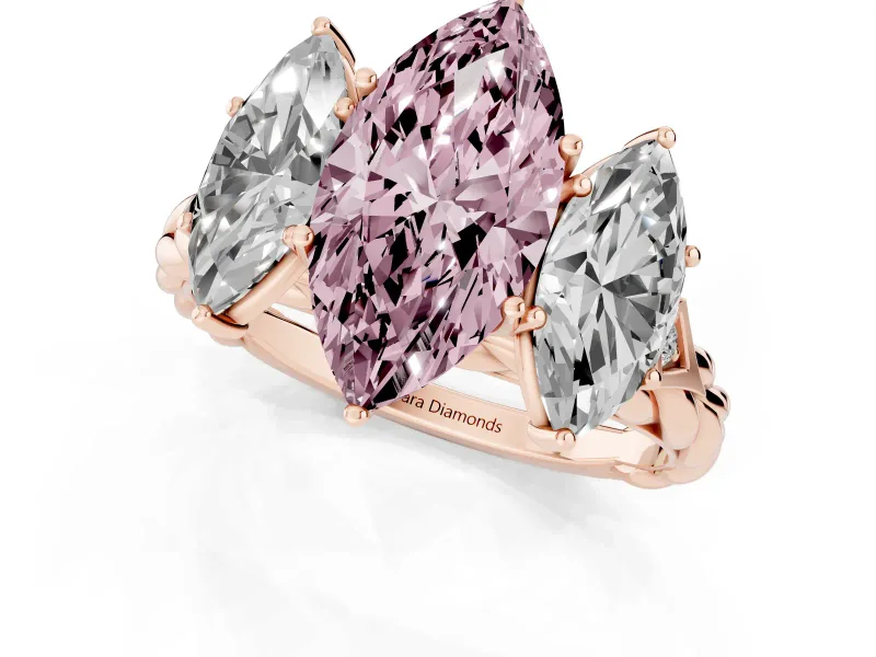 Fancy Pink Marquise Cut Diamond Three-Stone Ring Set in Rose gold with Braided Band